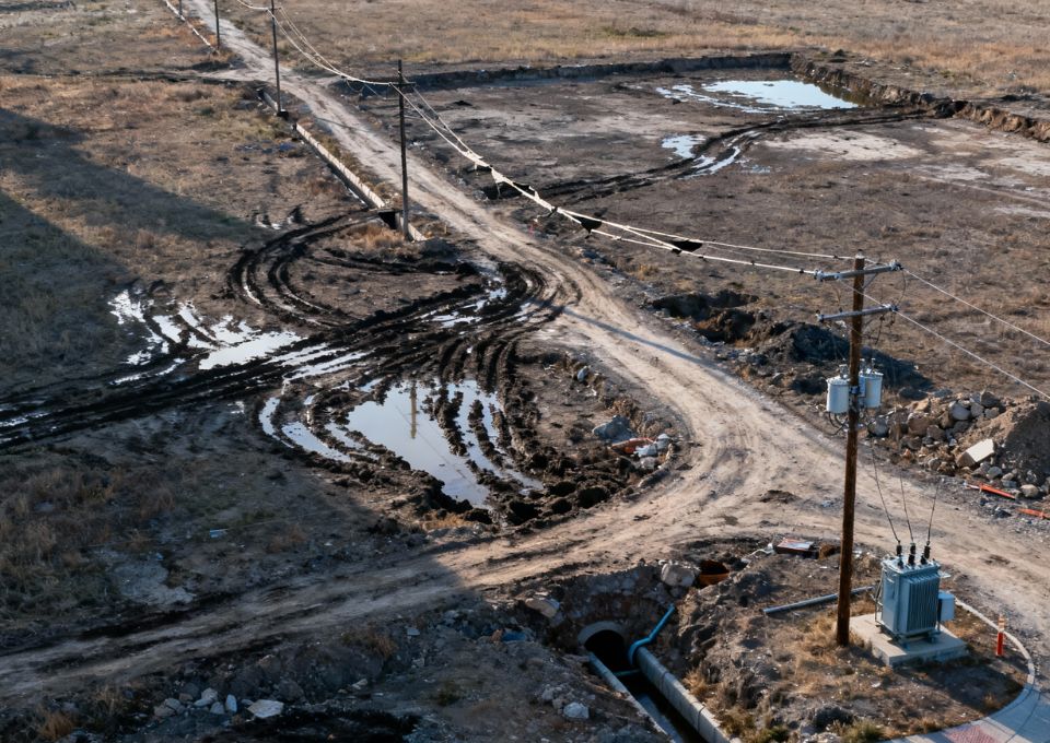 Unerschlossenes Grundstück mit schlammiger Zufahrt
